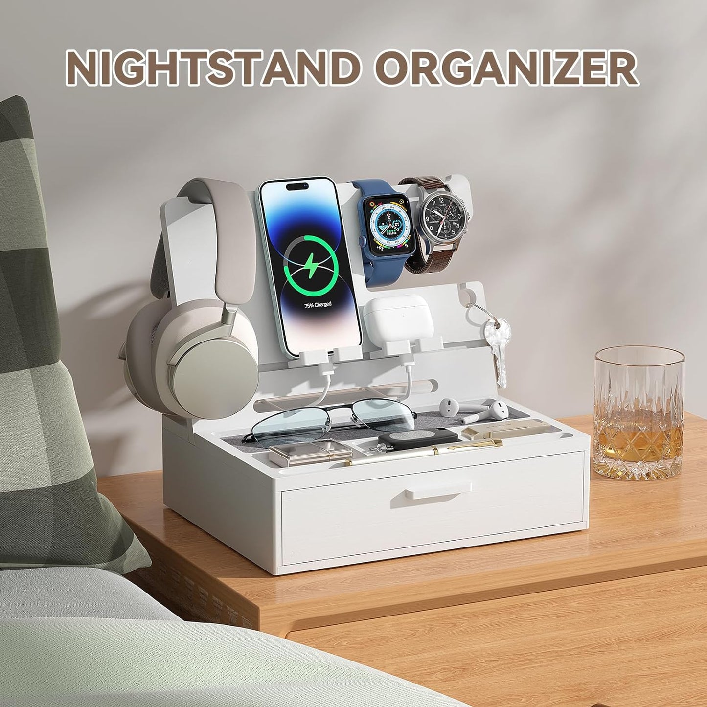 Pezin & Hulin Wooden Charging Station, Bedside Nightstand Tray, with Spacious Drawer, Felt Pads for Phones, Watch, Idea Gifts for Him Birthday, Son, Christmas for Papa Fathers Day (Nature)