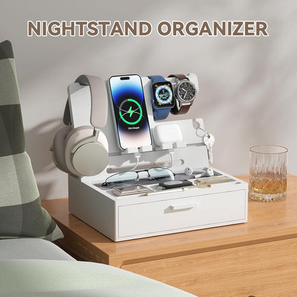 Pezin & Hulin Wooden Charging Station, Bedside Nightstand Tray, with Spacious Drawer, Felt Pads for Phones, Watch, Idea Gifts for Him Birthday, Son, Christmas for Papa Fathers Day (Nature)