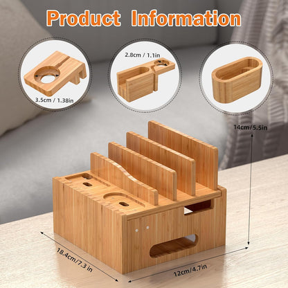 Pezin & Hulin Multiple USB Charging Station, Wooden Bamboo Dock Station for Cell Phones, Tablets, Earpods and Smart Watch, Including Power Charger HUB, 5 Cables -Natural Bamboo