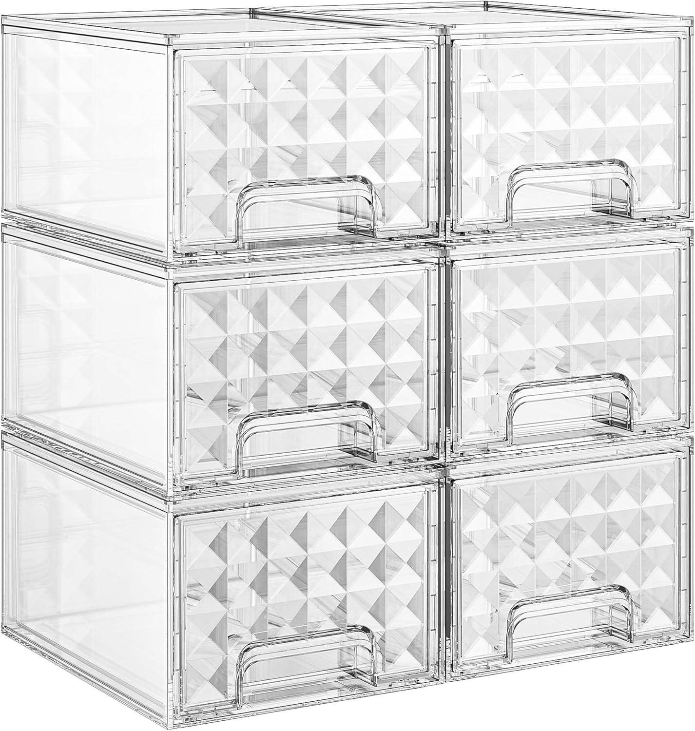 Delamu 6 Pack Stackable Storage Drawers, Makeup Skincare Holder Vanity Storage Organizer, Plastic Drawers For Vanity Desk, Undersink, Kitchen Cabinet, Pantry, Clear, Ideal Christmas Gifts for Girls