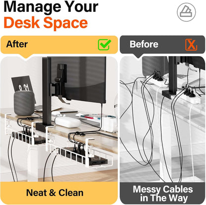 2 Pack Cable Management Under Desk Tray, 31.4" No Drill Under Desk Wire Management with Upgraded Clamp, Metal Cord Organizers for Desk with Cable Organizers, PC Cable Management Rack, Black