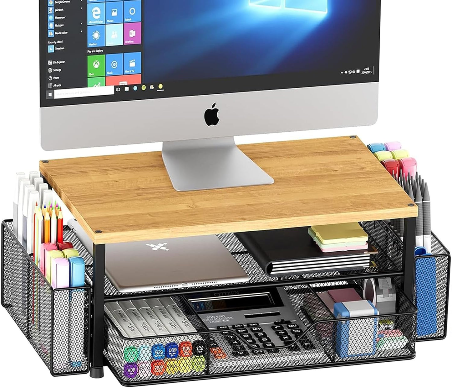 OPNICE Desk Organizers and Accessories, Computer Monitor Stand Riser with Drawer and 2 Pen Holders, Printer & Laptop Stand, Office Desk Accessories & Workspace Organizers for Home Office Supplies, Black