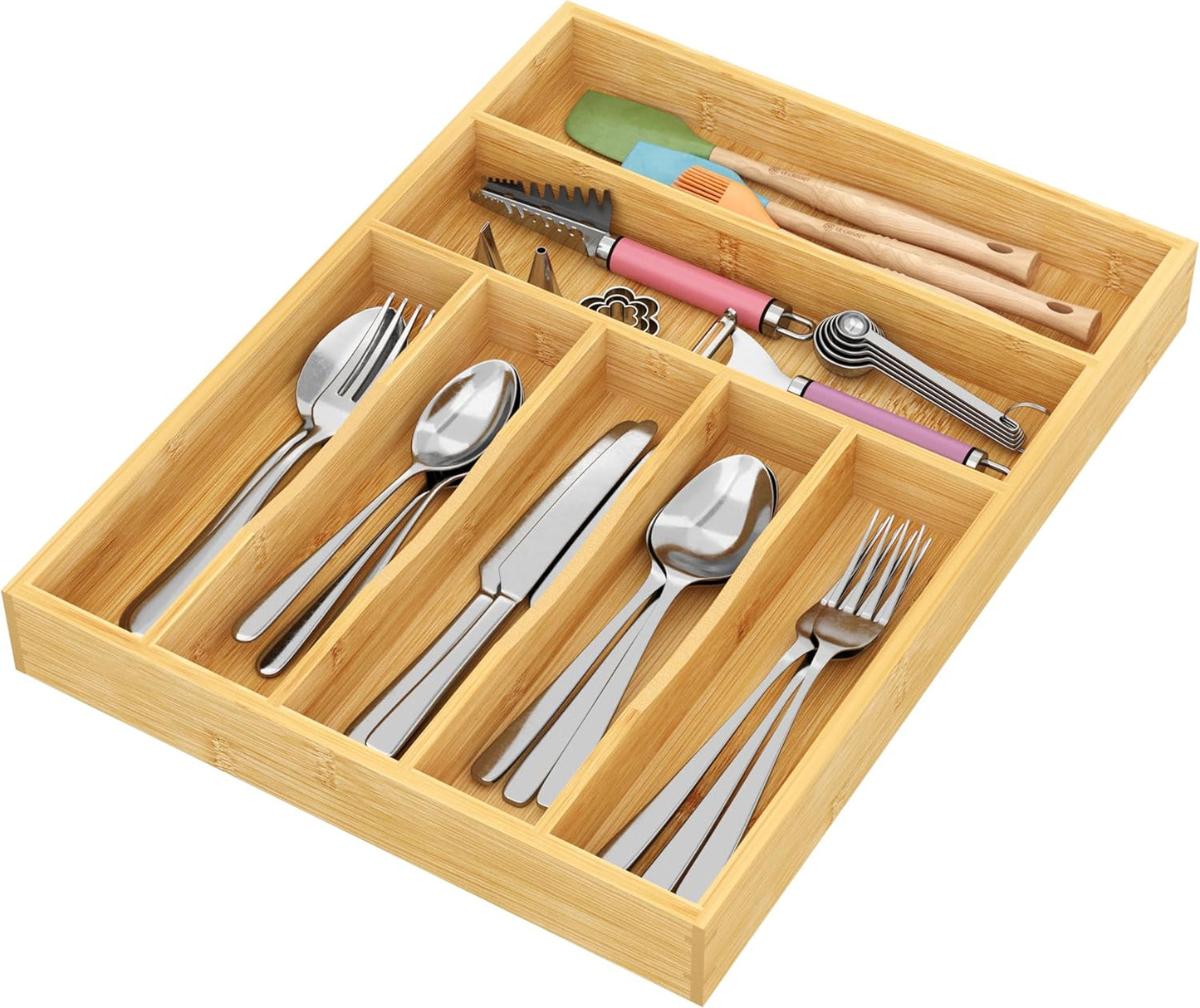 BAMEOS drawer organizer flatware organizer cutlery tray silverware organizer expandable adjustable bamboo drawer organizer kitchen bathroom