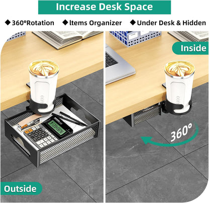 CABTE Desk Cup Holder with Drawer Organizer, Anti-Spill Clip-On Table Cup Hook with 360° Rotation Hidden Storage Box for Office Home Gaming Table (Black)