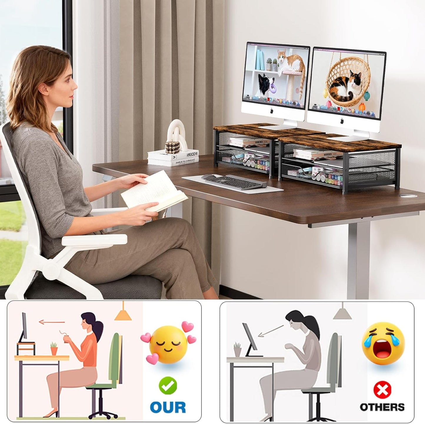 OPNICE Computer Monitor Stand Riser, Desk Organizer with Drawer, Printer & Laptop Stand, Office Desk Accessories & Workspace Desktop Organizers Storage for Office Supplies(Brown)