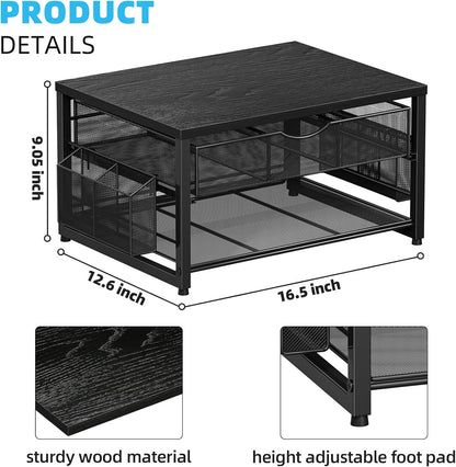 Marbrasse Metal Printer Stand for Desk with Storage Drawer and 2 Pen Holders, 2-Tier Desktop Organizer Printer Table for Home Office, Multi-Purpose Desk Organizer for Fax Machine Scanner Files(Black)
