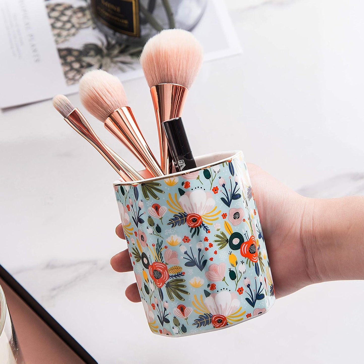 Jwest Pen Holder, Makeup Brush Holder Ceramic Shiny Gold Leopard Cheetah Pattern Animal Pencil Cup for Girls Women Durable Stand Desk Organizer Storage Gift for Office, Classroom, Home Light Brown