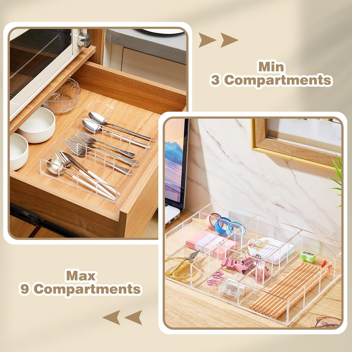 Briwooody Acrylic Drawer Organizer Clear Desk Drawer Organizer Trays with Adjustable Compartments Desk Accessories for Office Stationery Makeup Silverware Bathroom(Adjustable)