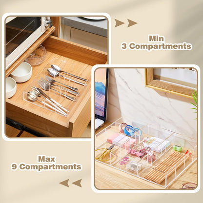 Briwooody Acrylic Drawer Organizer Clear Desk Drawer Organizer Trays with Adjustable Compartments Desk Accessories for Office Stationery Makeup Silverware Bathroom(Adjustable)