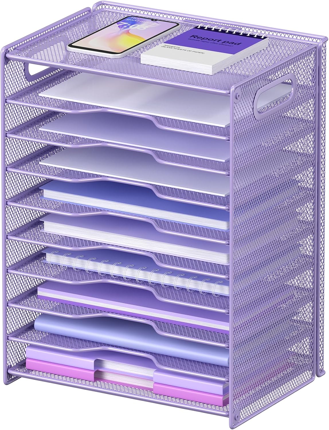 OUTWOLF 10 Tier Paper Organizer - Letter Tray Mesh Desk File Organizer with Handles for Office School Desktop, Black