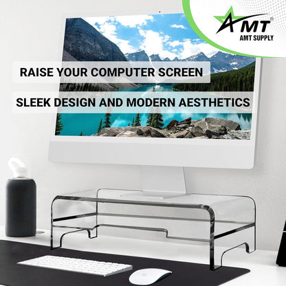 AMT Acrylic Laptop Monitor Stand & Computer Riser with Cat Keyboard Protector, Space-Saving Design, Extra Storage, Clear Shelf - Ideal for Monitors, Laptops, Printers, Desktop Decor