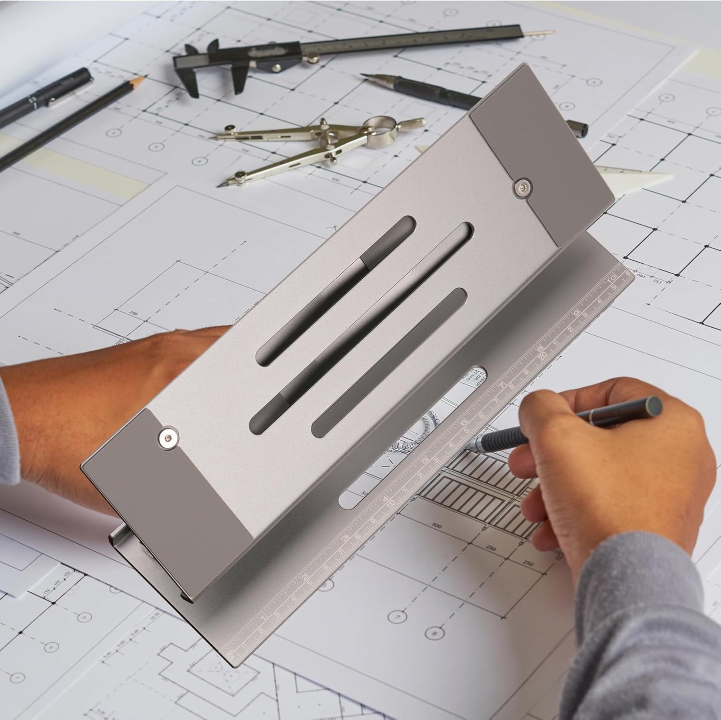 Aluminum Fold & Laptop Riser Stand 3-in-1 Adjustable, Foldable Cooling Stand with Integrated Storage Box, Ruler and Ultra-Slim Portable Design for MacBook, Tablet, Ipad, Keyboard and All Laptop