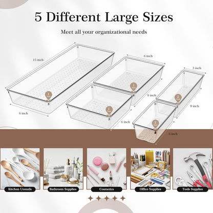 Criusia Drawer Organizer, 10 Pack Large Clear Plastic Set, 3 Size Versatile Bathroom and Vanity Organizer Trays, Storage Bins for Makeup, Bedroom, Kitchen Utensils