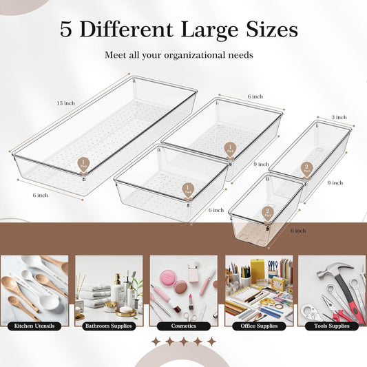 Criusia Drawer Organizer, 10 Pack Large Clear Plastic Set, 3 Size Versatile Bathroom and Vanity Organizer Trays, Storage Bins for Makeup, Bedroom, Kitchen Utensils