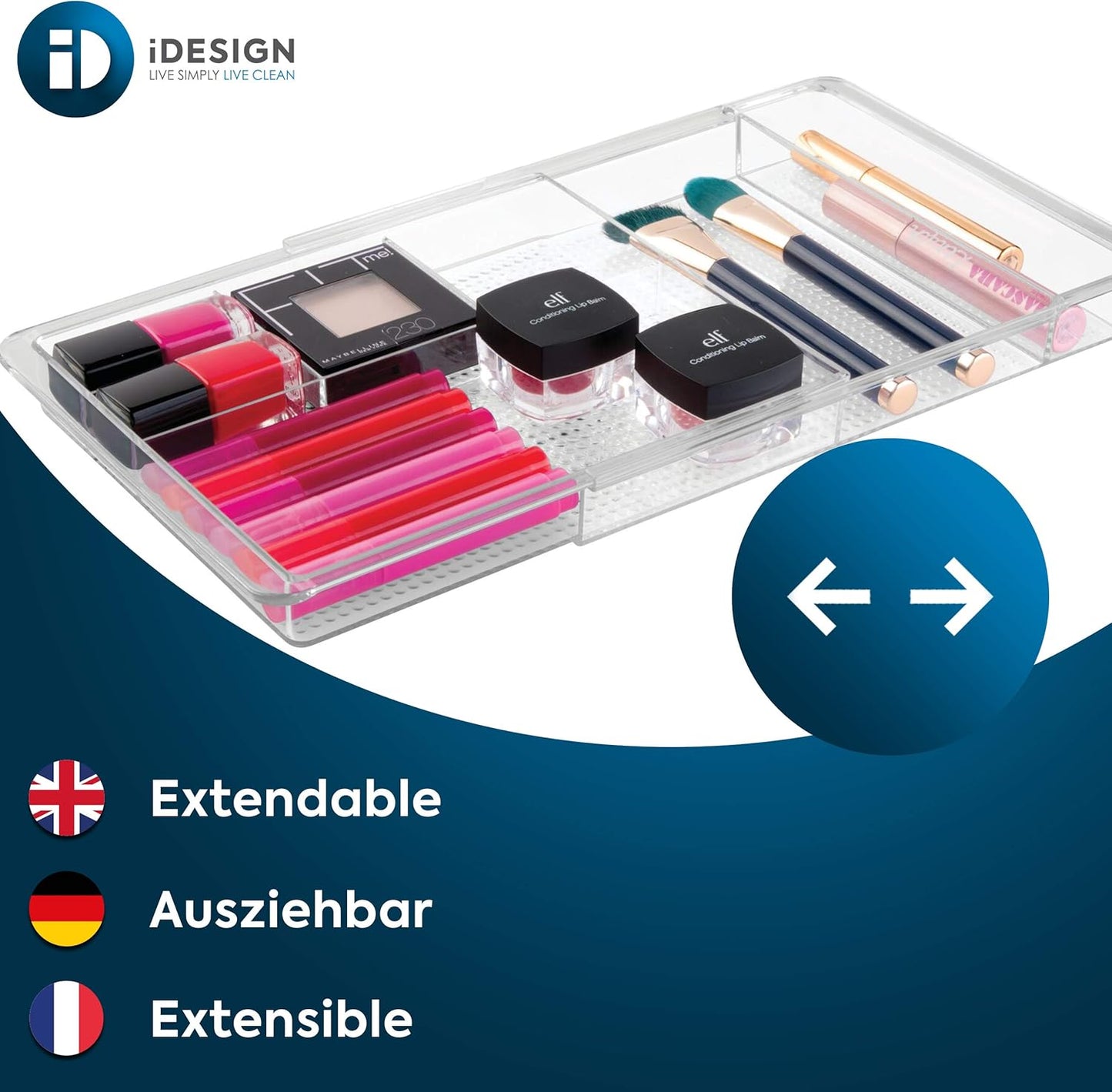 iDesign Expandable Makeup Drawer Organizer, Shallow Tray for Bathroom or Vanity Storage - Clear