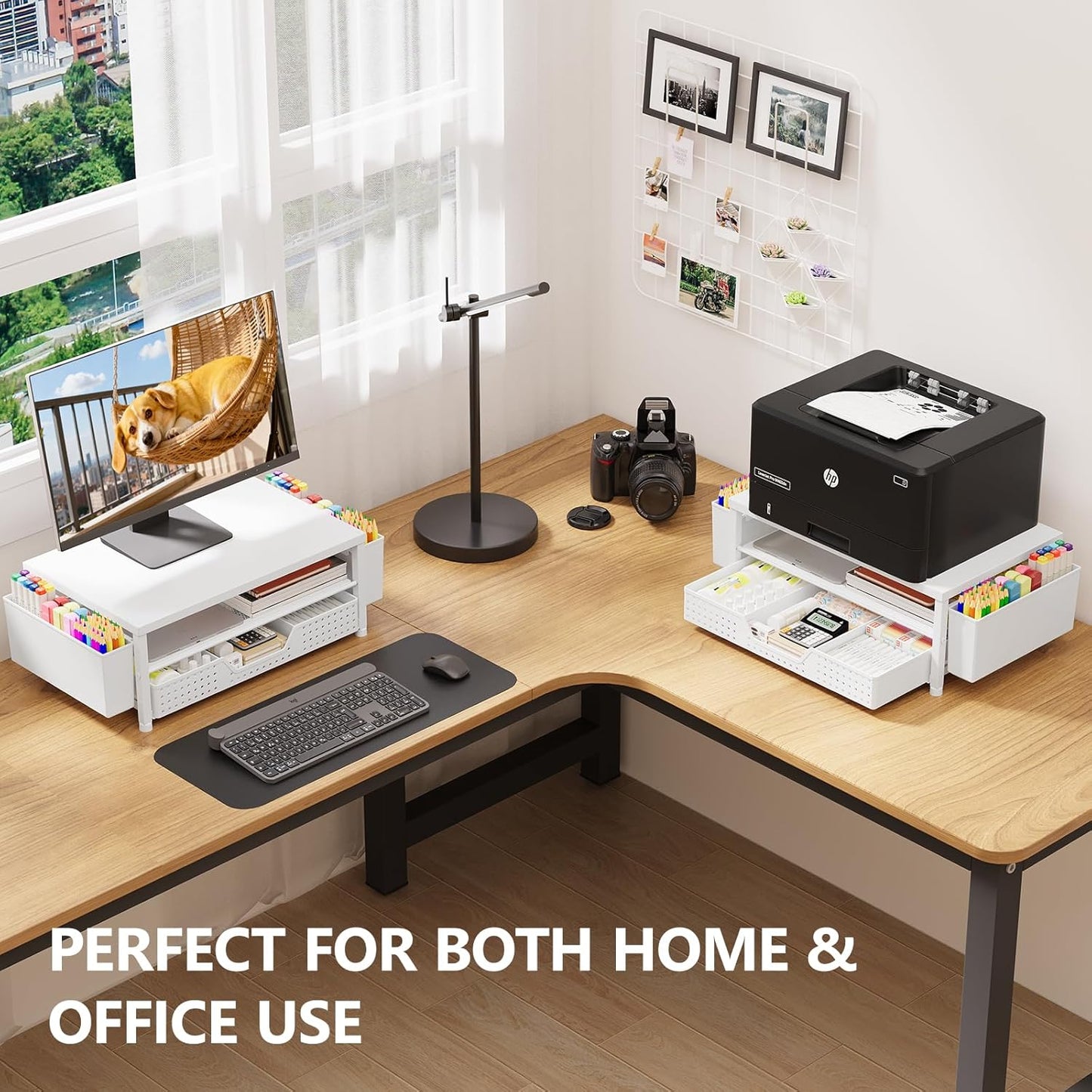 OPNICE Desk Organizers and Accessories, Computer Monitor Stand Riser with Drawer and 2 Pen Holders, Printer & Laptop Stand, Office Desk Accessories & Workspace Organizers for Home Office Supplies, Black