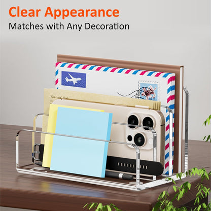 FUCDTEFC Desk Mail Organizer, 2 Section Clear Acrylic File Holder Letter Organizer, Vertical Lightweight Modern Envelope Holder Desk Accessories & Workspace Organizers for Office, Home, School