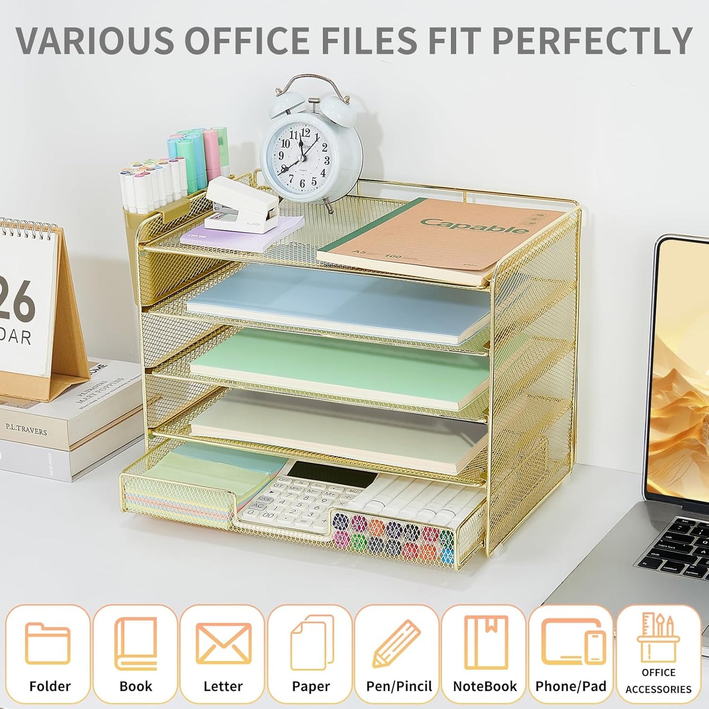 LEKETREE Desk Organizers and Accessories, 5-Tier Paper Letter Tray Organizer with File Holder, Desktop Organizer for Office Supplies (Black)