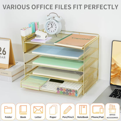 LEKETREE Desk Organizers and Accessories, 5-Tier Paper Letter Tray Organizer with File Holder, Desktop Organizer for Office Supplies (Black)