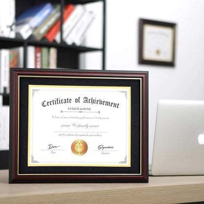 ELSKER&HOME Diploma Frame - Wide Solid Wood Frame - Black Velvet Golden Rim Mat - Semi-Tempered Glass - Includes Hanging Hardware and Desktop Easel(ONLY Display 11×14 Document/Certificate)