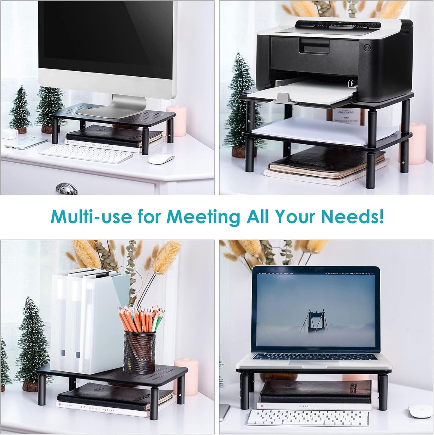 LOTEYIKE TV/Monitor Riser Desktop Stand, Flat Screen, Sturdy Metal Laptop Computer Shelf for Printer, iMac, 3 Height Adjustable PC with Mesh Platform , 2 Pack