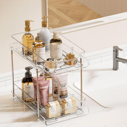 Vtopmart 4 Pack Bathroom Organizer, 2 Tier Clear Under Sink Organizers Vanity Countertop Storage Container,Cabinet Drawers Bins, Pull-Out Organization with Track for Pantry, Kitchen