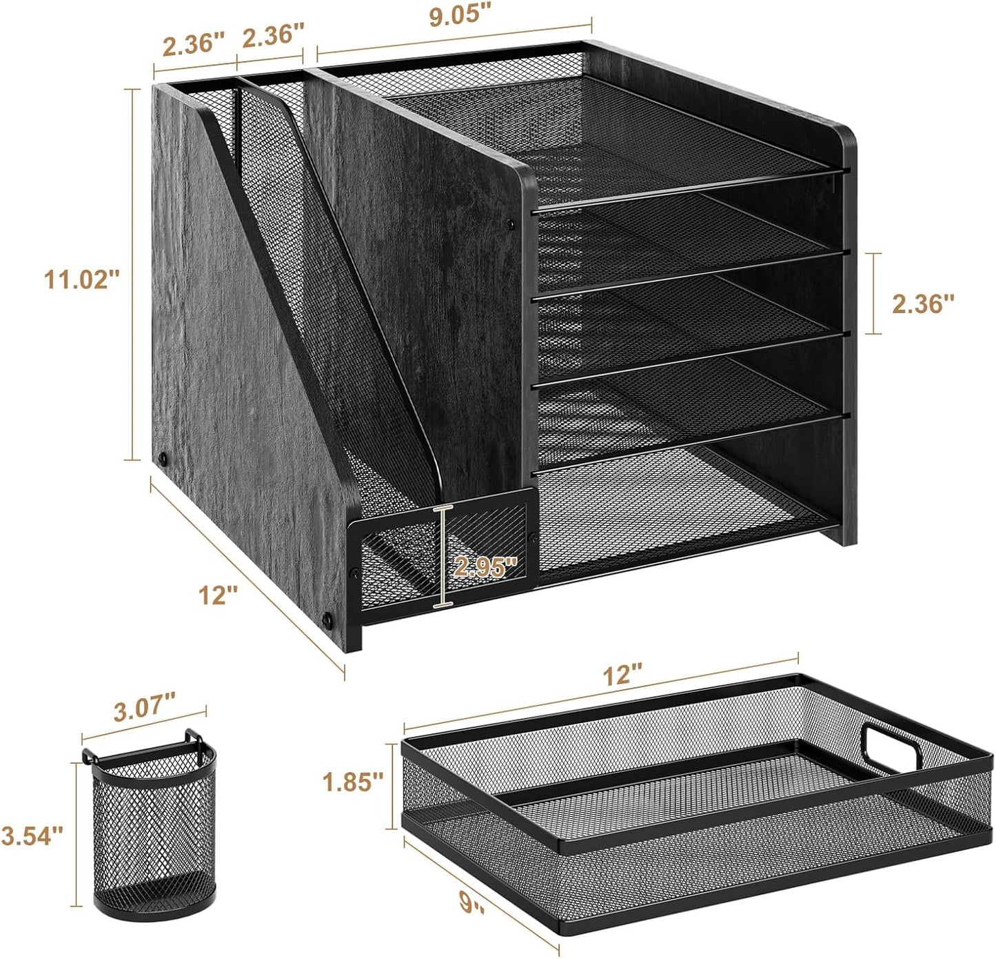 Marbrasse Desk Organizer with File Holder, 5-Tier Paper Letter Tray Organizer with Drawer and 2 Pen Holder, Mesh Desktop Organizer and Storage with Magazine Holder for Office Supplies(Black)