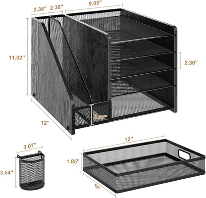 Marbrasse Desk Organizer with File Holder, 5-Tier Paper Letter Tray Organizer with Drawer and 2 Pen Holder, Mesh Desktop Organizer and Storage with Magazine Holder for Office Supplies(Black)