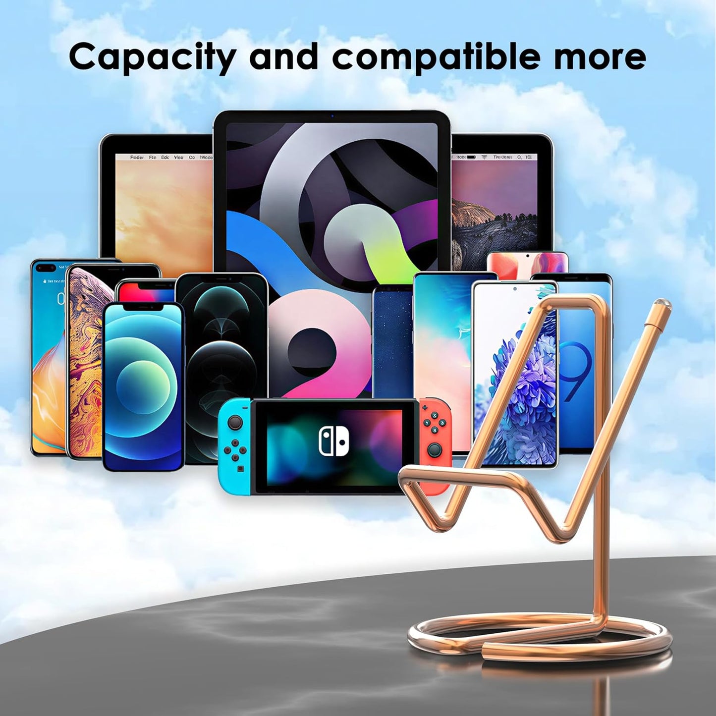 Metal Cell Phone Stand for Desk, Cute One-Piece Phone Holder, Stable Desktop Display Dock for iPhone, iPad, Samsung, Tablets & All Mobile Phones, Gold