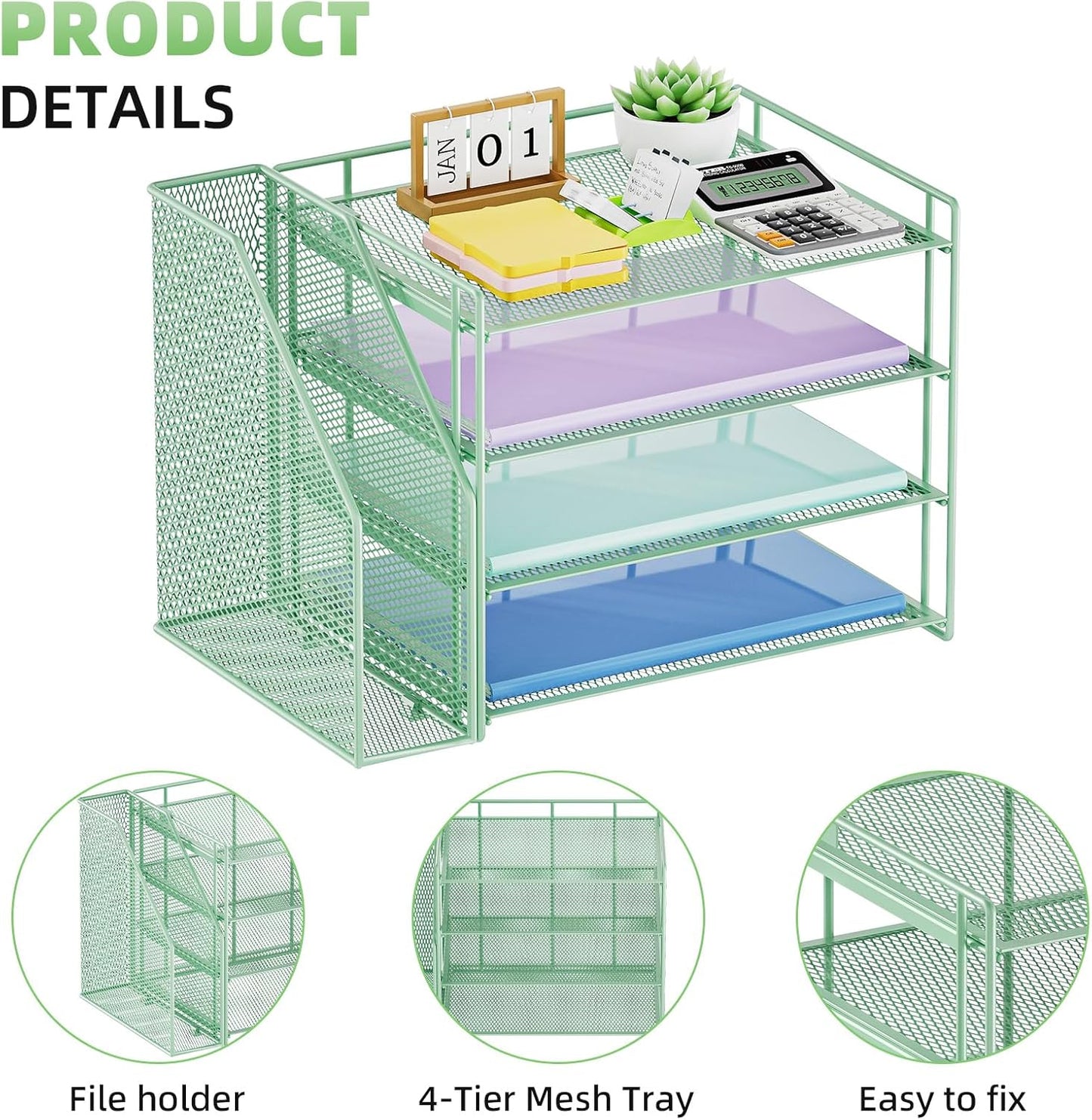 Marbrasse Desk Organizer and Accessories，4-Tier Paper Letter Tray Organizer with File Holder，Desk Accessories & Workspace Desktop Organizers for School Home Office Supplies (Blue)