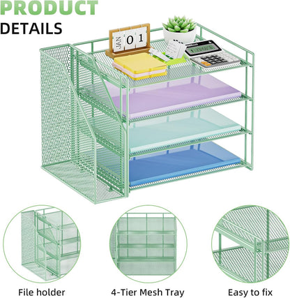 Marbrasse Desk Organizer and Accessories，4-Tier Paper Letter Tray Organizer with File Holder，Desk Accessories & Workspace Desktop Organizers for School Home Office Supplies (Blue)