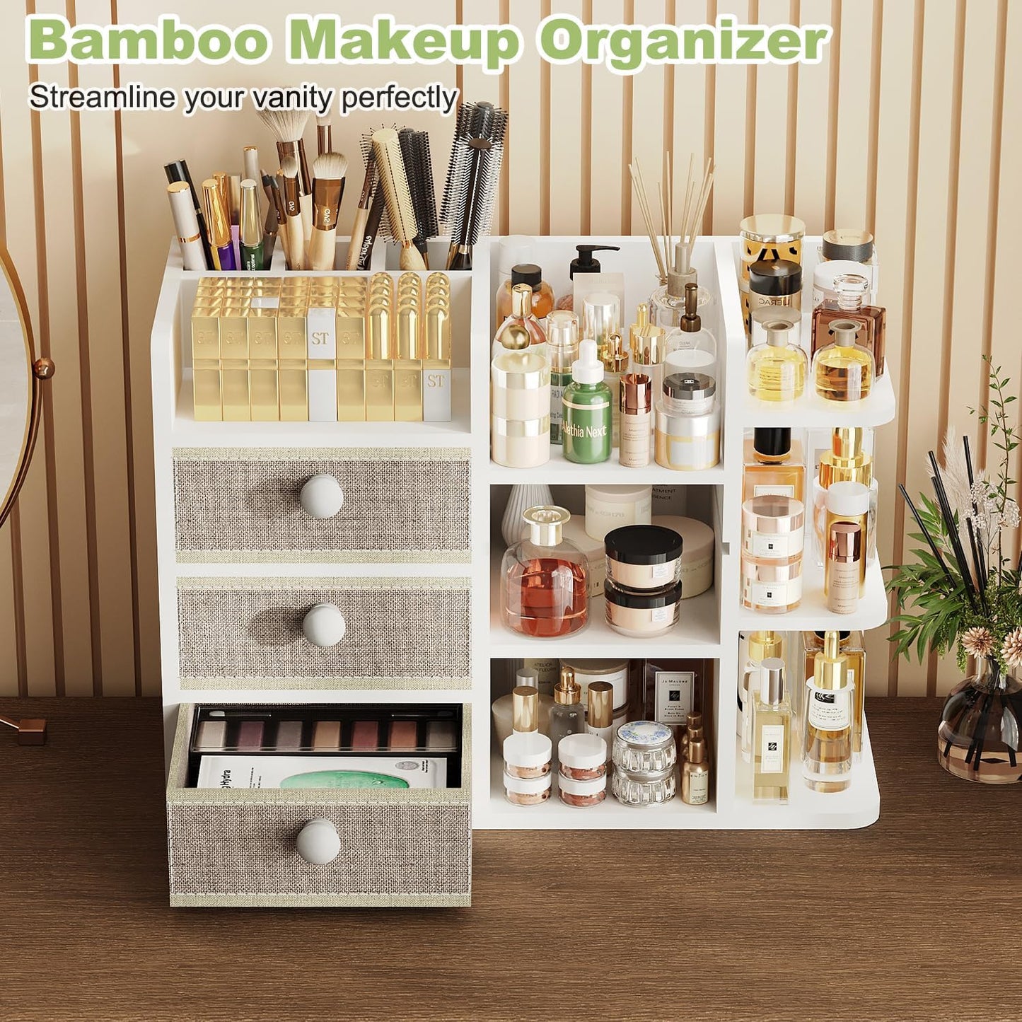 Large Makeup Organizer For Vanity, Large Capacity 3 Tiers Bamboo Bathroom Counter Organizers and Storage, Countertop Makeup Brush Holder, Nail Polish Perfume Stand with 3 Drawers and 10 Compartments