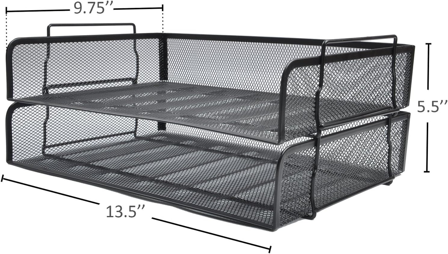 EASEPRES 2 Pack Stackable Desk Paper Tray, Metal Mesh Desktop Document Letter File Organizer for Office Home School, 13.5'' L x 9.75'' W x 5.5'' H, White