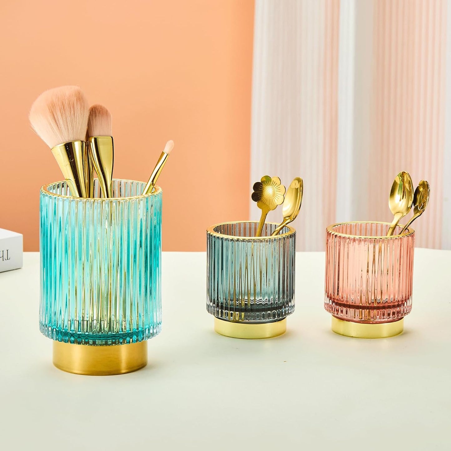 Makeup Brush Holder Organizer,Toothbrush Holders,Desk Pen Pencil Holder,Multifunctional Vintage Glass Brush Cup（L/Green/A3-6-US）