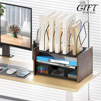 Wood Desk Organizer - 3-Tier Desktop File Organizer with Drawer, Wooden Paper Tray, Office Desk Organzier and Accessories for Papers, Mail, Notebooks, Stationery