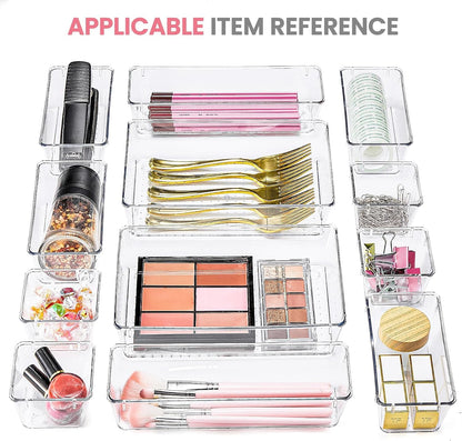 HOUSE DAY Makeup Drawer Organizer Trays 24 PCS, 4-Size Clear Drawer Organizers with Silicone Pads, Vanity Organizers and Storage, Non Slip Plastic Drawer Organizer for Desk, Bathroom, Kitchen, Office