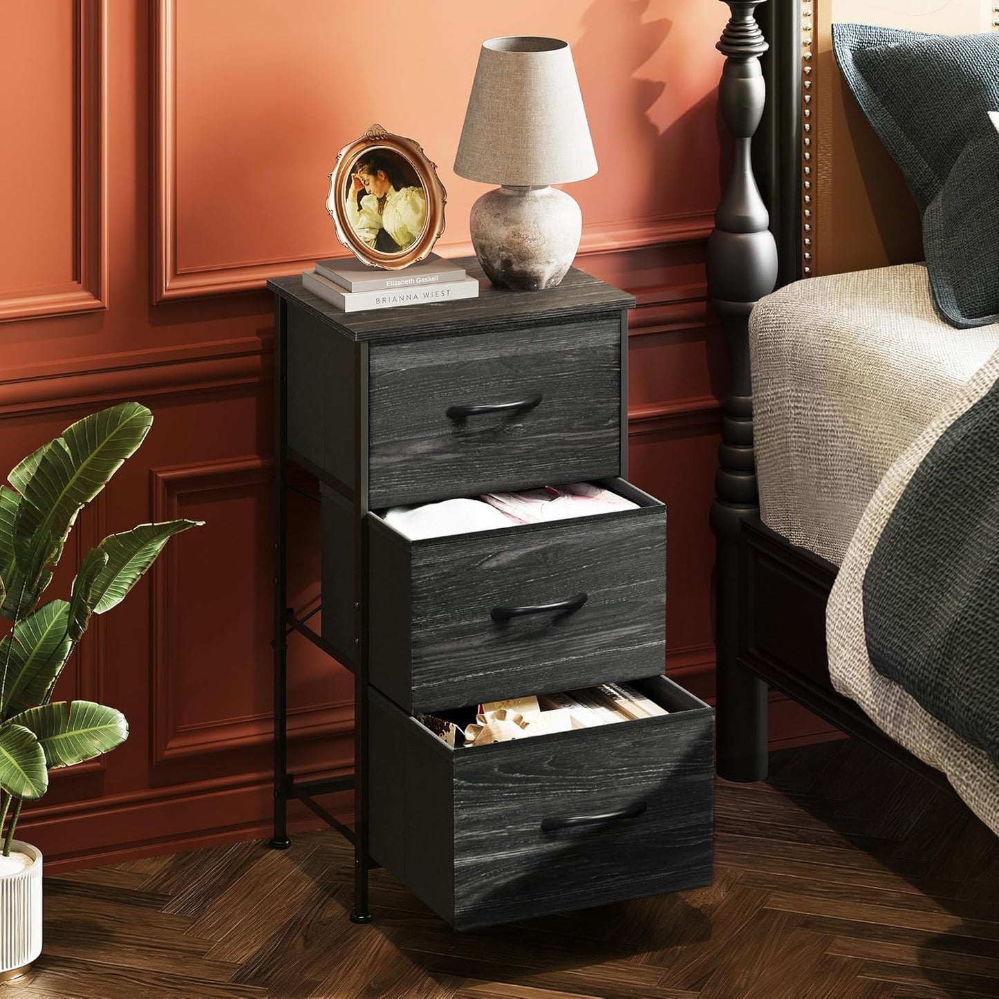 WLIVE Dresser with 3 Drawers, Fabric Nightstand, Cabinet with Wheels, Organizer Storage Dresser for Bedroom, Office, Entryway, Closets, Sturdy Steel Frame, Wood Top, Easy Pull Handle, White
