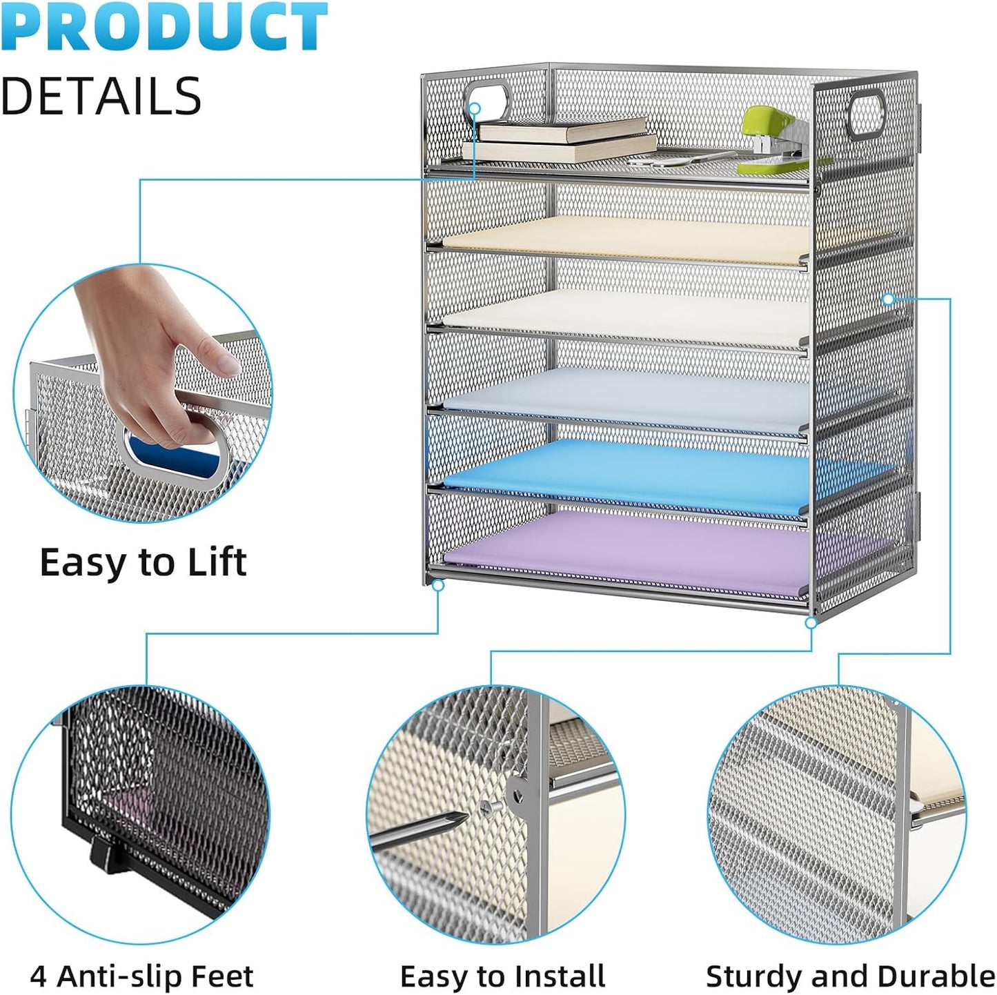 Marbrasse 6 Tier Paper Organizer Letter Tray - Mesh Desk File Organizer with Handle, Paper Sorter Organizer for Letter/A4 Office File Folder Holder - Black