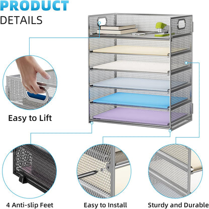 Marbrasse 6 Tier Paper Organizer Letter Tray - Mesh Desk File Organizer with Handle, Paper Sorter Organizer for Letter/A4 Office File Folder Holder - Black