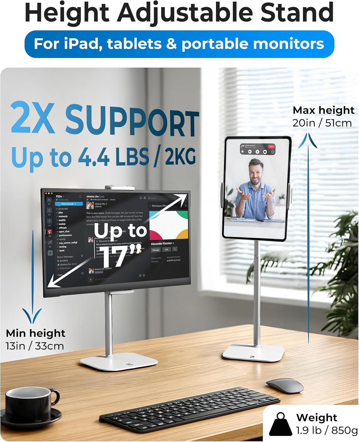 COOPER TabStand, 20" Tall iPad Stand for Desk, Portable Monitor Holder up to 17" Holds 4.4lb, Desktop Tablet Stand, Tablet Mount, Apple iPad Holder for Desk, for Samsung, Kindle, Fire (Night Black)