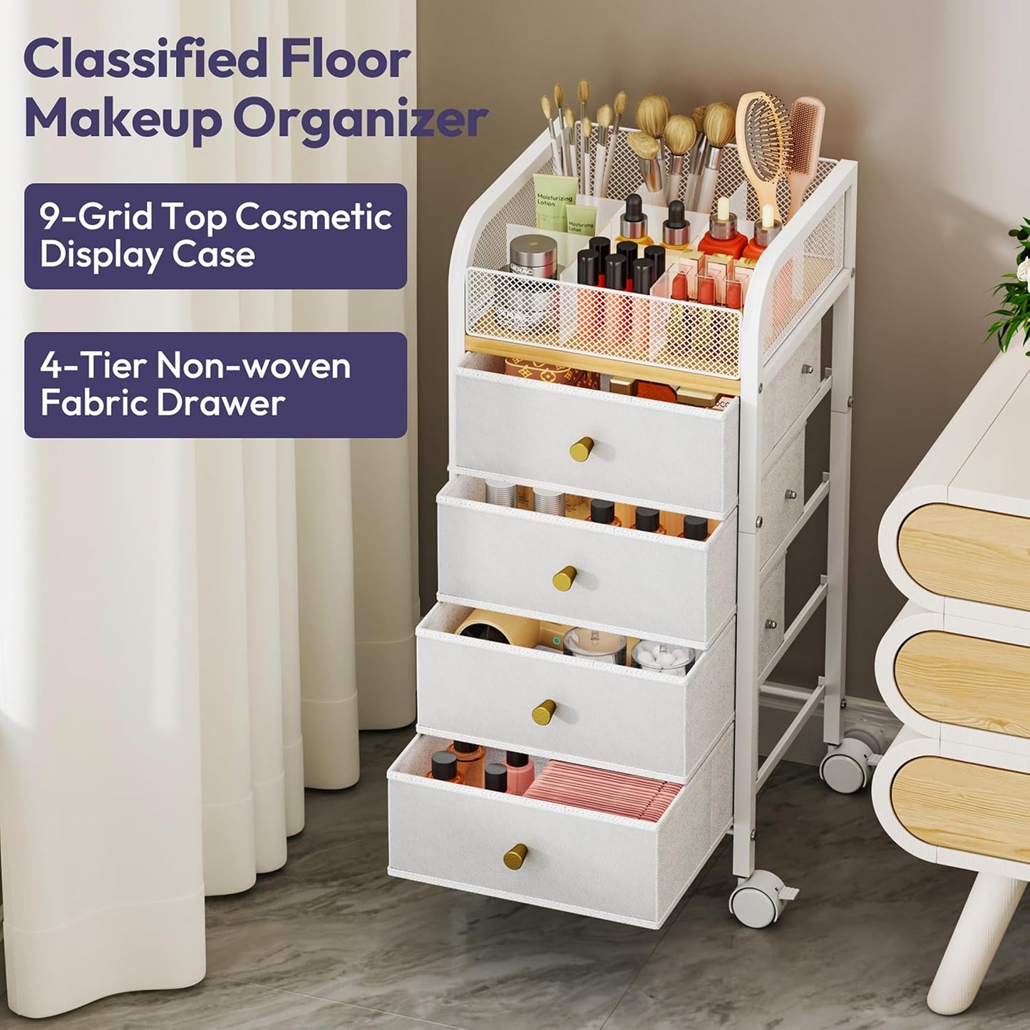 SWTYMIKI Rolling Makeup Organizer Cart - Under Desk Vanity Makeup Storage with 3 Non-woven Drawers, Nail Cart Organizer Cosmetic Display Cases Cabinet for Skin Care Perfume Nail Polish Brush Hair Tool