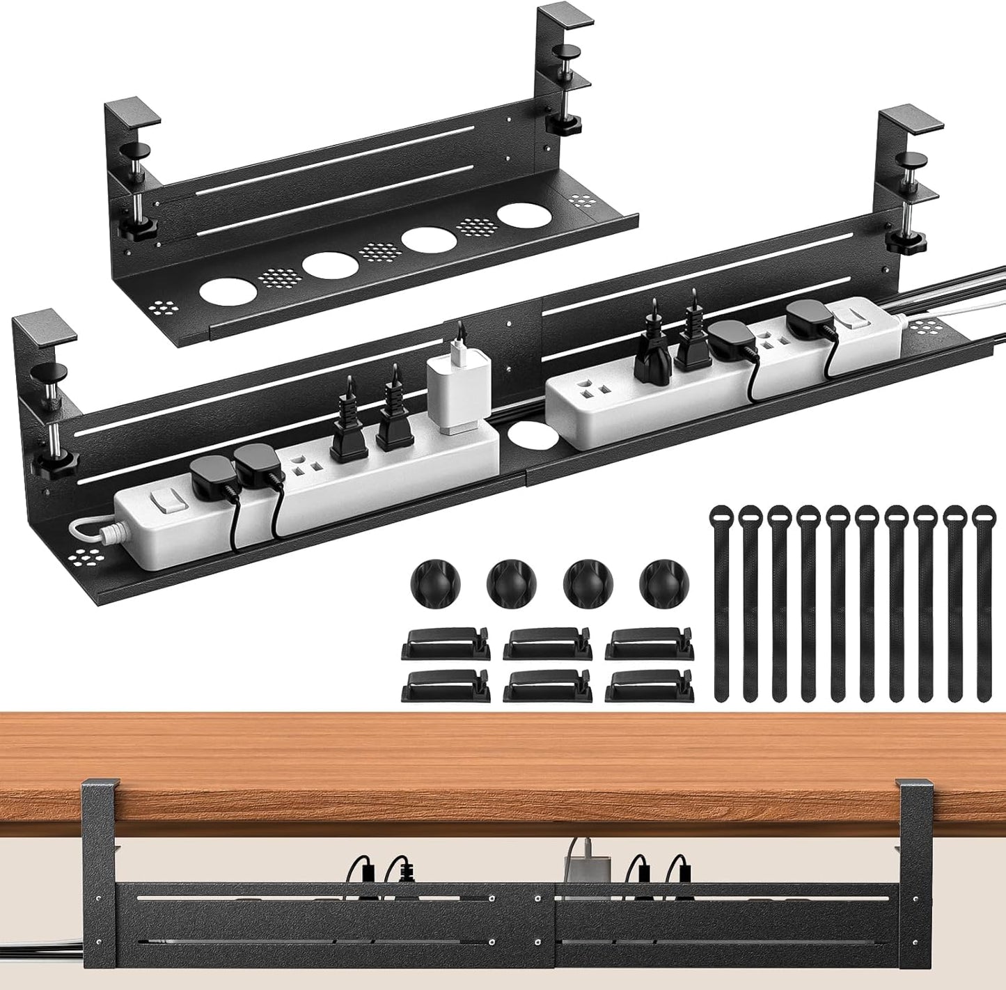 Under Desk Cable Management Tray - 18-29in Retractable Iron Cord Organizer, No-Drill Installation with Anti-Slip Pads, Desk Cable Tray for Office, Gaming,Standing Desks(Black)