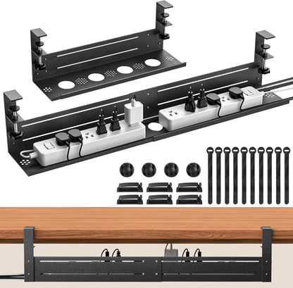 Under Desk Cable Management Tray - 18-29in Retractable Iron Cord Organizer, No-Drill Installation with Anti-Slip Pads, Desk Cable Tray for Office, Gaming,Standing Desks(Black)