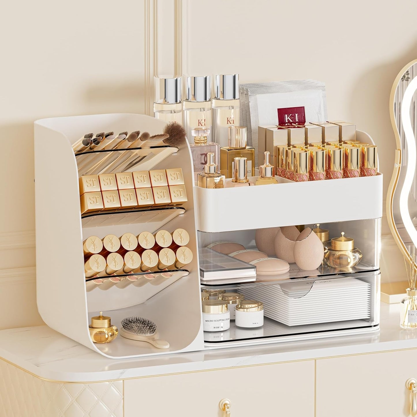 Booklov Makeup Organizer for Vanity, Countertop Cosmetic Display Case with Clear Acrylic Drawers, Bathroom Counter Beauty Caddy, Cute Table Storage Holder for Skincare, Brush Lipsticks, Crystal White
