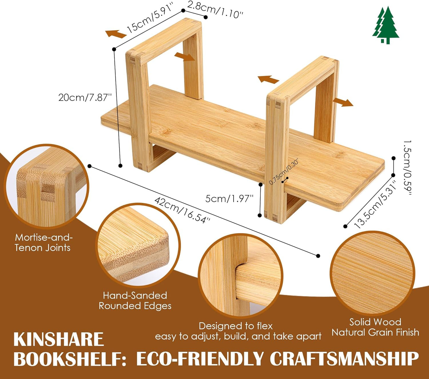 Small Adjustable Desk Bookshelf Organizer – Open Bookend Shelf Flexible to Fit as Much or as Little with Slide-in Joints | Portable, Reversible for Class, Dorm, Home Office | Bamboo
