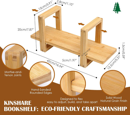 Small Adjustable Desk Bookshelf Organizer – Open Bookend Shelf Flexible to Fit as Much or as Little with Slide-in Joints | Portable, Reversible for Class, Dorm, Home Office | Bamboo