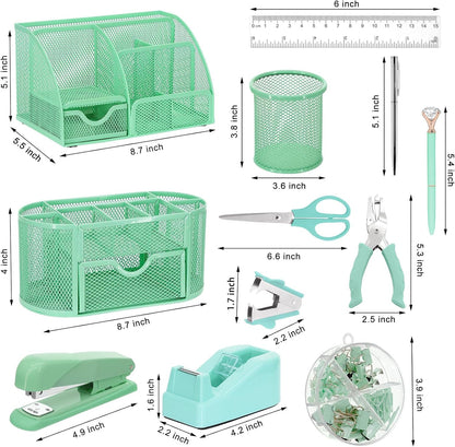 17 in1 Silvery Desk Organizers and Accessories Set, 3 Office Desk Supplies Storage Organization, 4 Pens, Stapler, Staples & Remover, Tape & Dispenser, Scissors, Ruler, Clips, Hole Punch Back to School