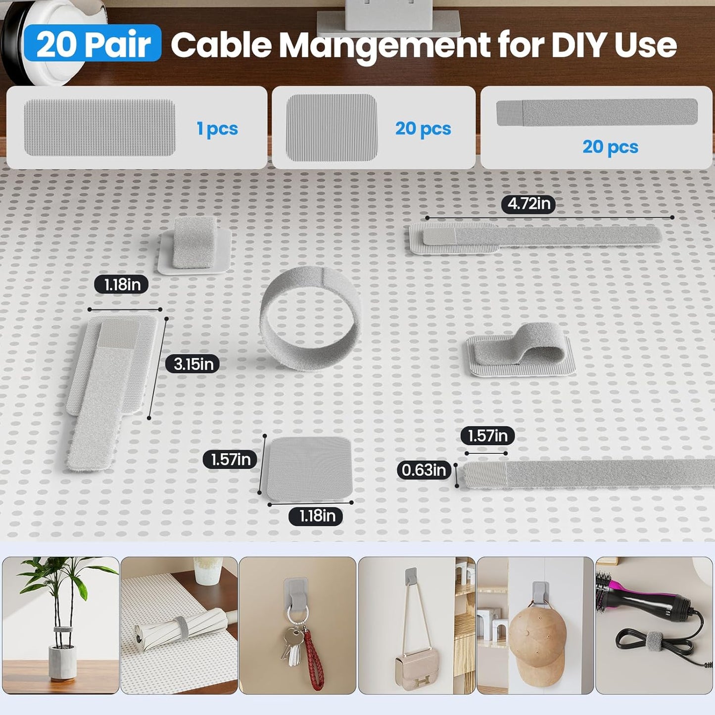 Cable Management Under Desk, 【Up to 15 Cord】【Enhanced Wire Holder】 Cord Organizer, Adjustable Hook and Loop Cable Ties, Home Office Essentials, Cable Hider Clips Under Table, 20 Pair
