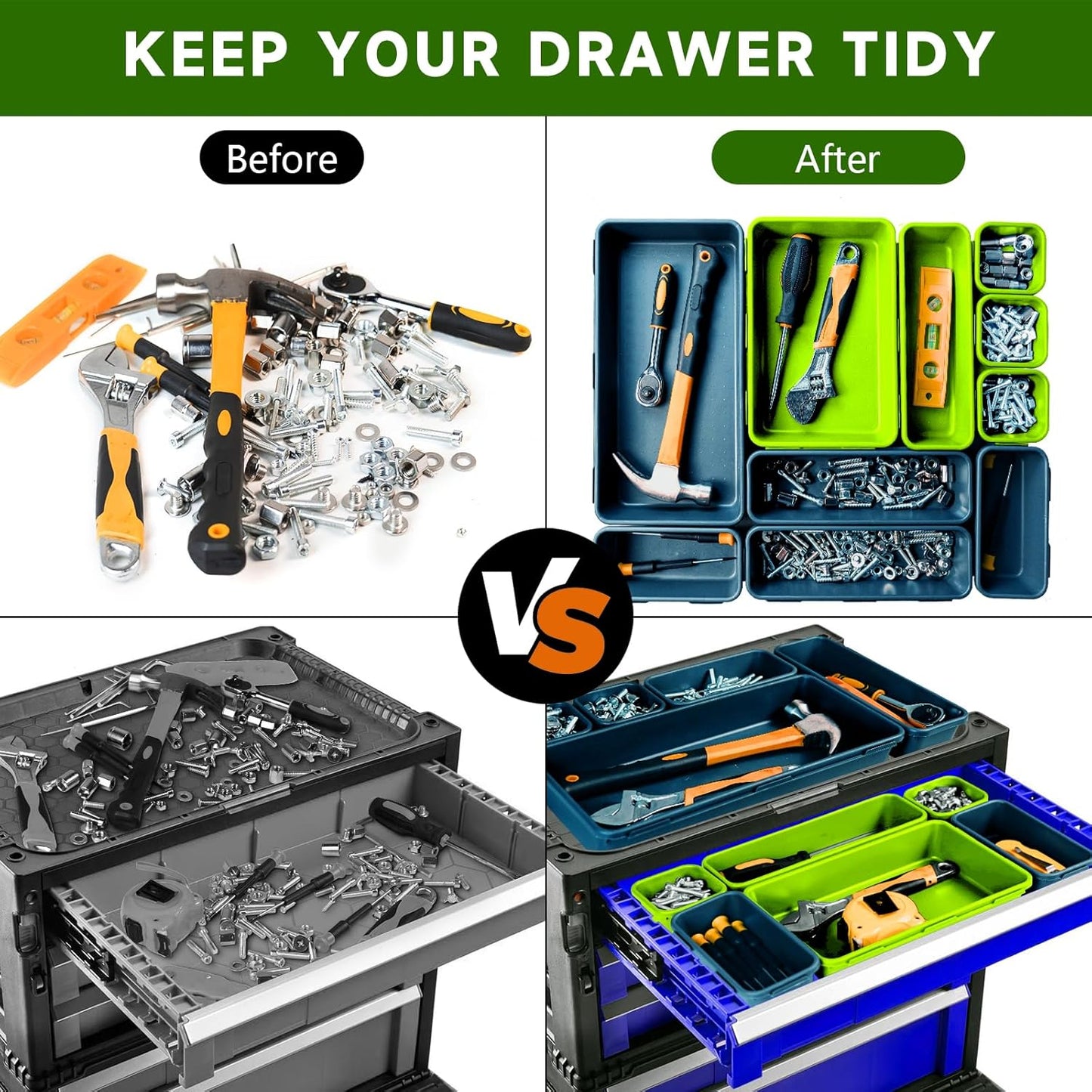 [60 PCS Upgraded] FLYVOLE Tool Box Organizer Tray, Toolbox Desk Drawer Organizer, Tool Box Tray, Toolbox Organization Storage for Rolling Tool Chest (60 PCS)