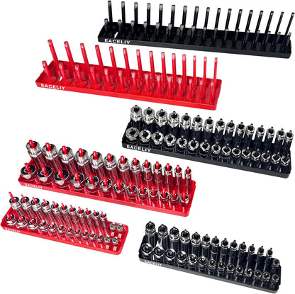 EACELIY 6-Piece Magnetic Socket Organizer Set, 1/2", 1/4" and 3/8" SAE & Metric Deep & Shallow Socket Holder Kit, holds 141 stanard Sockets, attaches to steel box/tool cart (sockets not included)